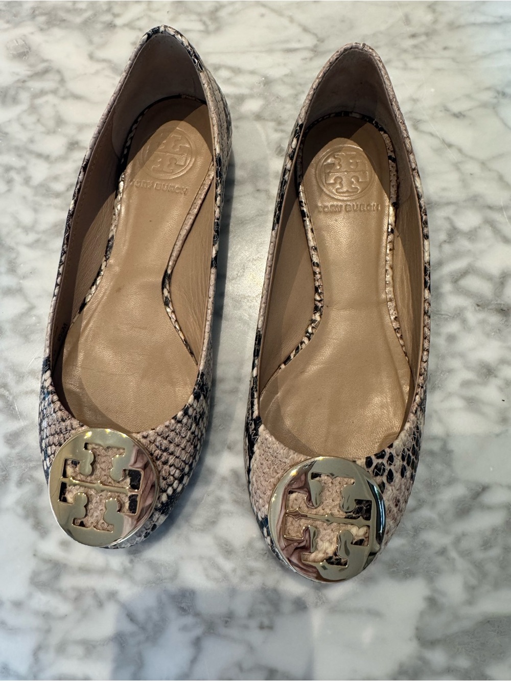 Tory Burch Snake-Print Logo Medallion Ballet Flats in Black, Tan, Cream